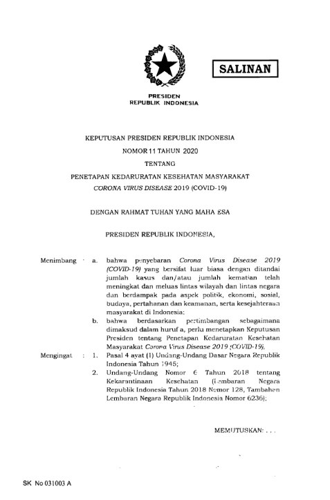 Keppres Nomor 11 Tahun 2020